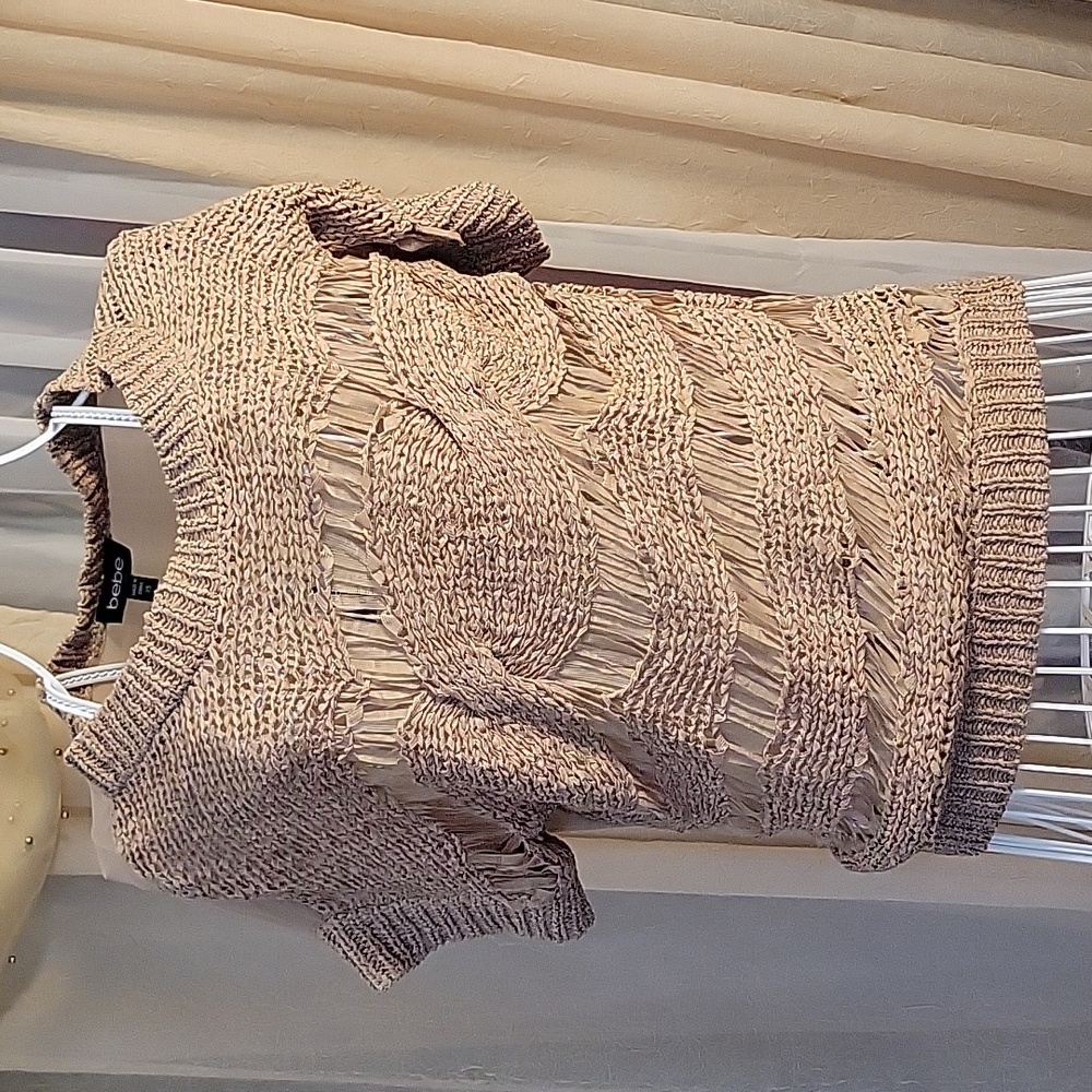 NWT bebe taupe woven sweater top w/front openings & sheer back, XS